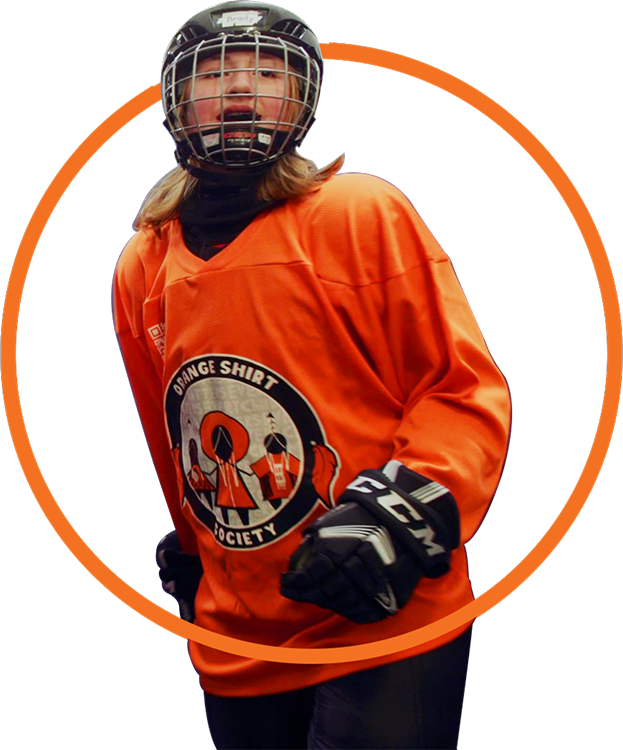 girl in hockey helmet and gloves where orange jersey